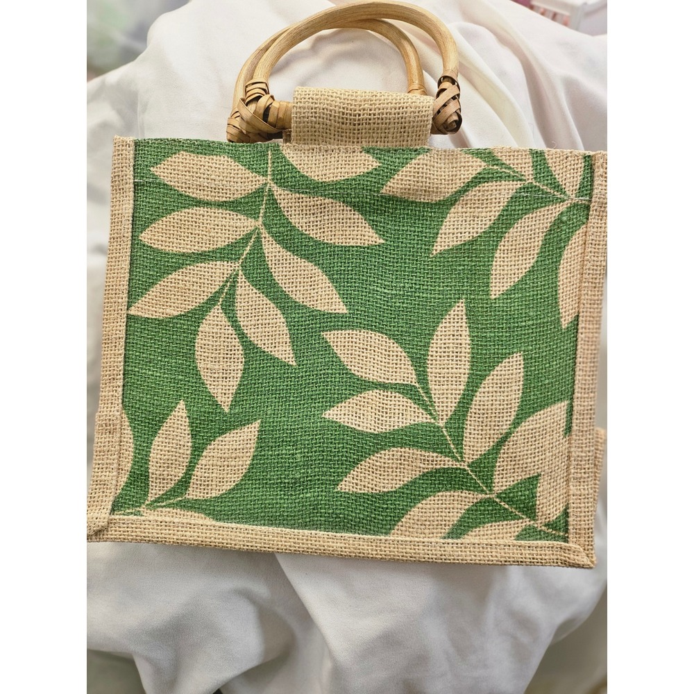 Green Tropical Leaf Burlap Jute Tote Bag with Round Wooden Handles Boho Handbag